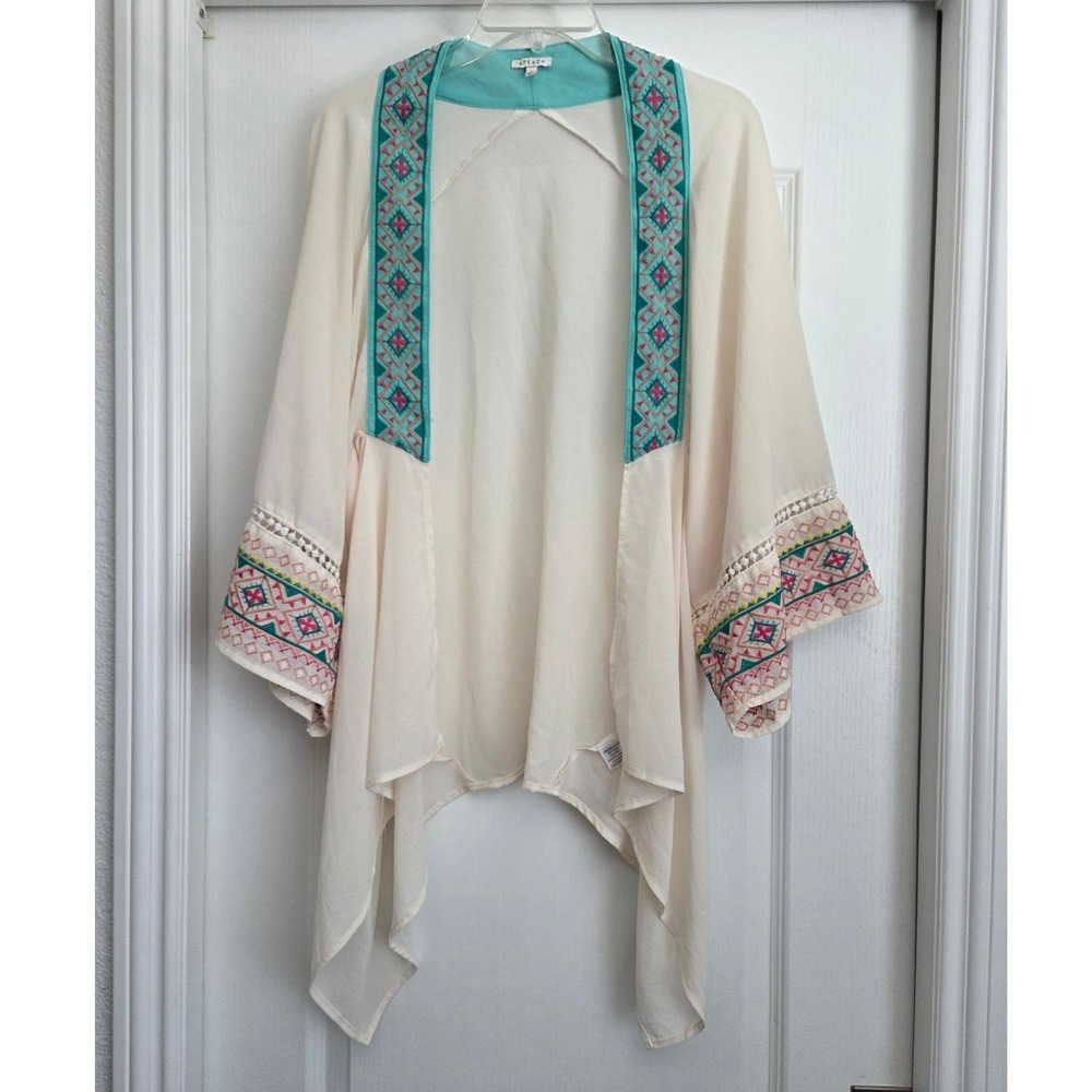 Apeach Cream Aztek Embroidered‎ Kimono Open Front Cardigan Wrap Sz M Lightweight